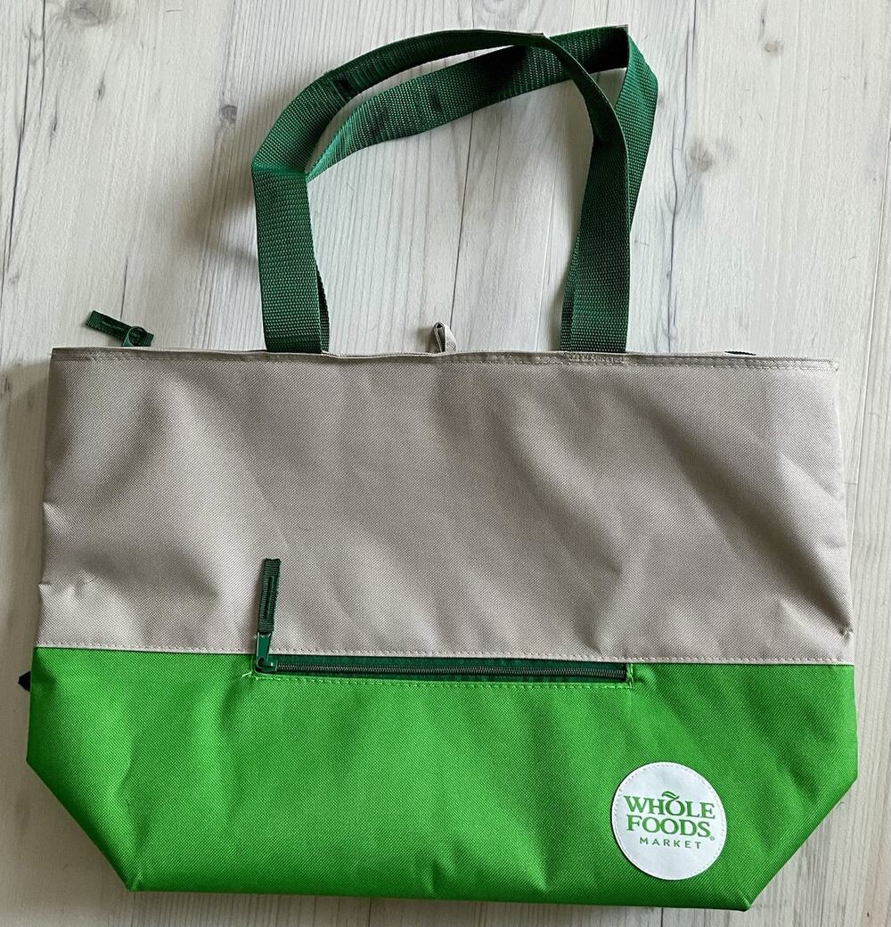 Whole Foods Insulated Bag Tote Double Handle Green Beige Reusable Clean NWOT